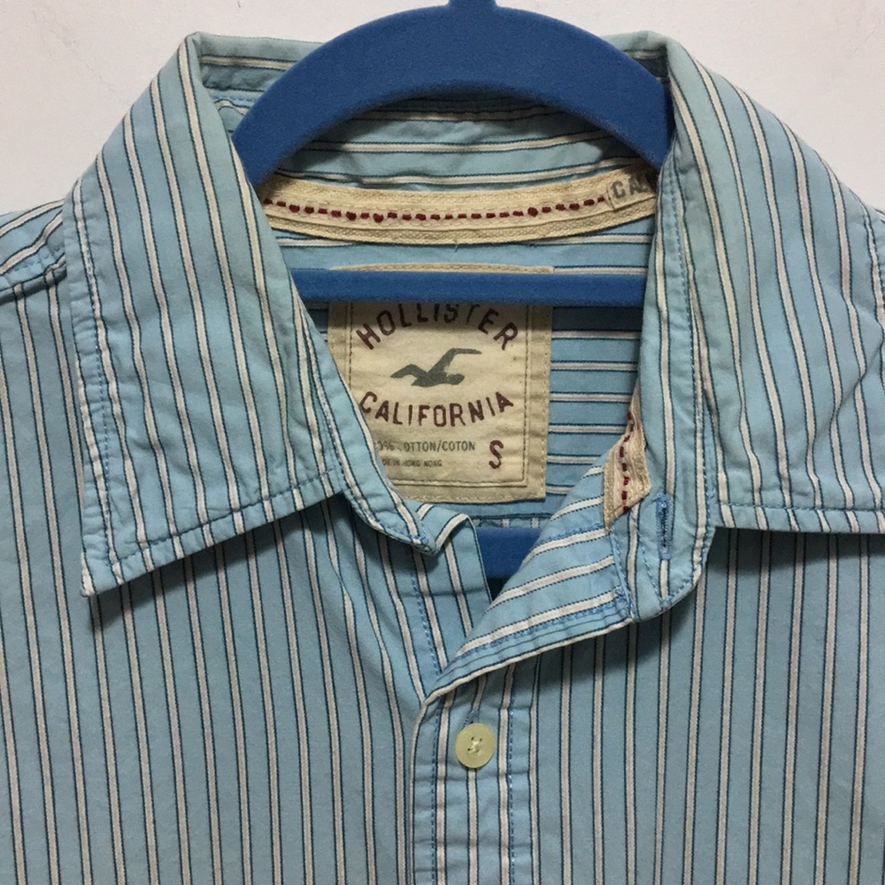 Hollister Long Sleeve Casual Button Up Logo Striped Shirt Blue Men's Size Small - Picture 3 of 4